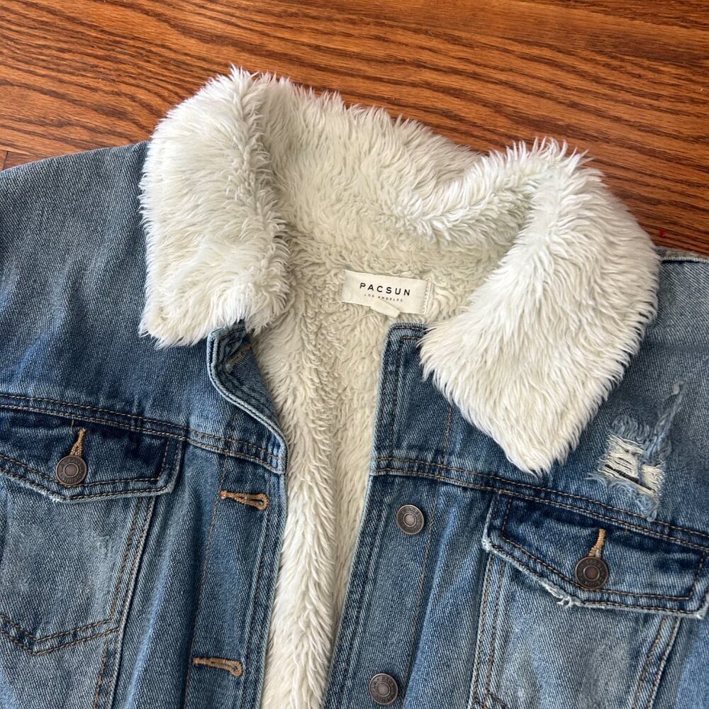 Pacsun Sherpa Denim Trucker Jacket Fleece Lined Size Large Distressed - Picture 3 of 12